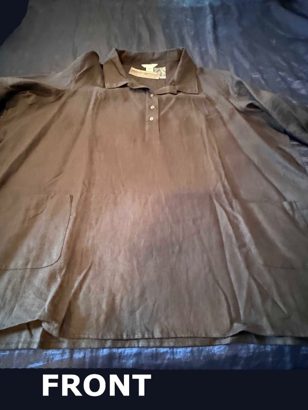 TUNIC, 100% LINEN, BLACK, SIZE 5X, SHIRT COLLAR, PULL ON WITH 3 BUTTONS,